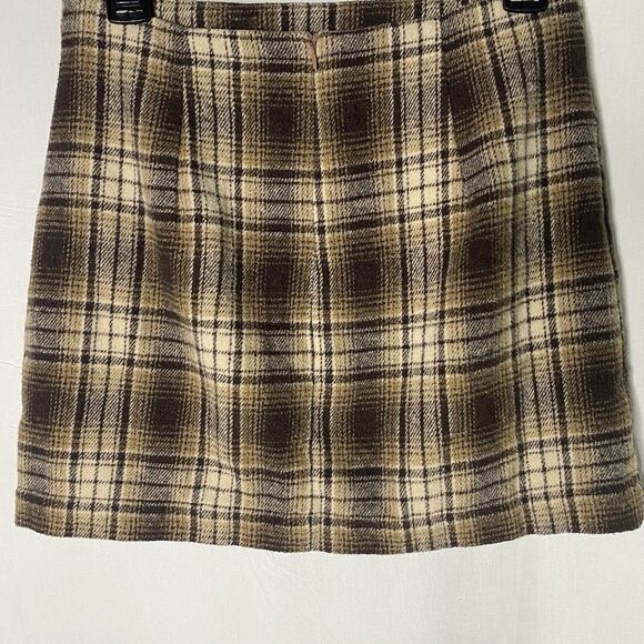 CIDER Mini Skirt Tweed Plaid Front Slits Academia Retro Preppy Womens S Brown - Picture 2 of 5